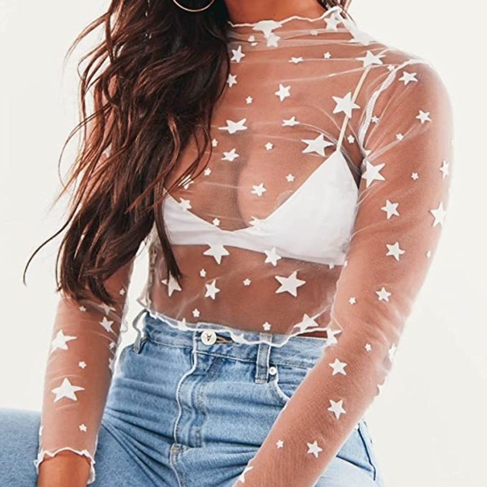 Sheer Long Sleeve Star Pattern Crop Top